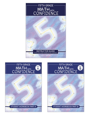 Paperback fifth grade math book titled "Math with Confidence" by Well-Trained Mind Press, featuring colorful educational illustrations.