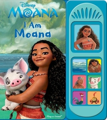 Disney Moana: I Am Moana sound board book by Pi Kids, featuring Moana character and colorful illustrations with sound buttons.