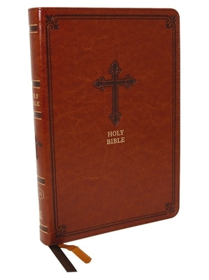 Brown leather Thomas Nelson Thinline Bible with large print, red letter edition, comfort print, showing the cover and spine.