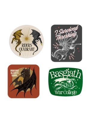 Set of four dragon rider stickers from Rebecca Yarros's Fourth Wing paperback book, featuring colorful fantasy-themed designs.