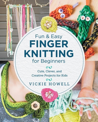 Paperback book titled "Fun and Easy Finger Knitting for Beginners" by New Shoe Press, featuring colorful knitting projects for kids.