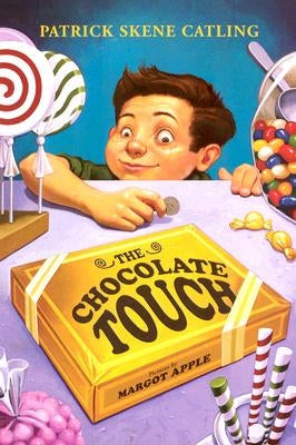 Paperback of The Chocolate Touch by HarperCollins, showing the book cover with colorful illustrations and title text.