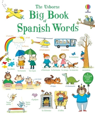 Usborne Big Book of Spanish Words board book with colorful illustrations for learning Spanish vocabulary for children.