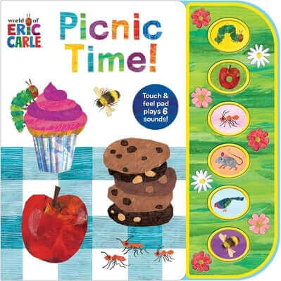 Pi Kids World of Eric Carle Picnic Time! Sound Board Book with batteries, colorful illustrations, and interactive pages for children.