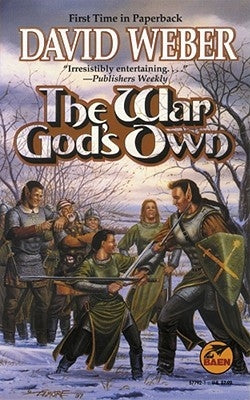 Mass market paperback of The War God's Own by Baen, featuring a fantasy novel cover with warriors and mythical imagery.