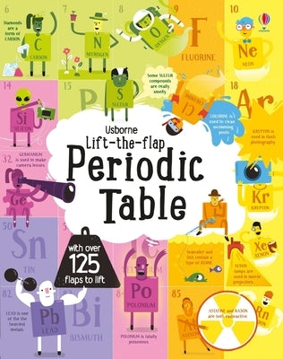 Lift-The-Flap Periodic Table board book by Usborne Books showing colorful atomic elements and interactive flaps for learning.