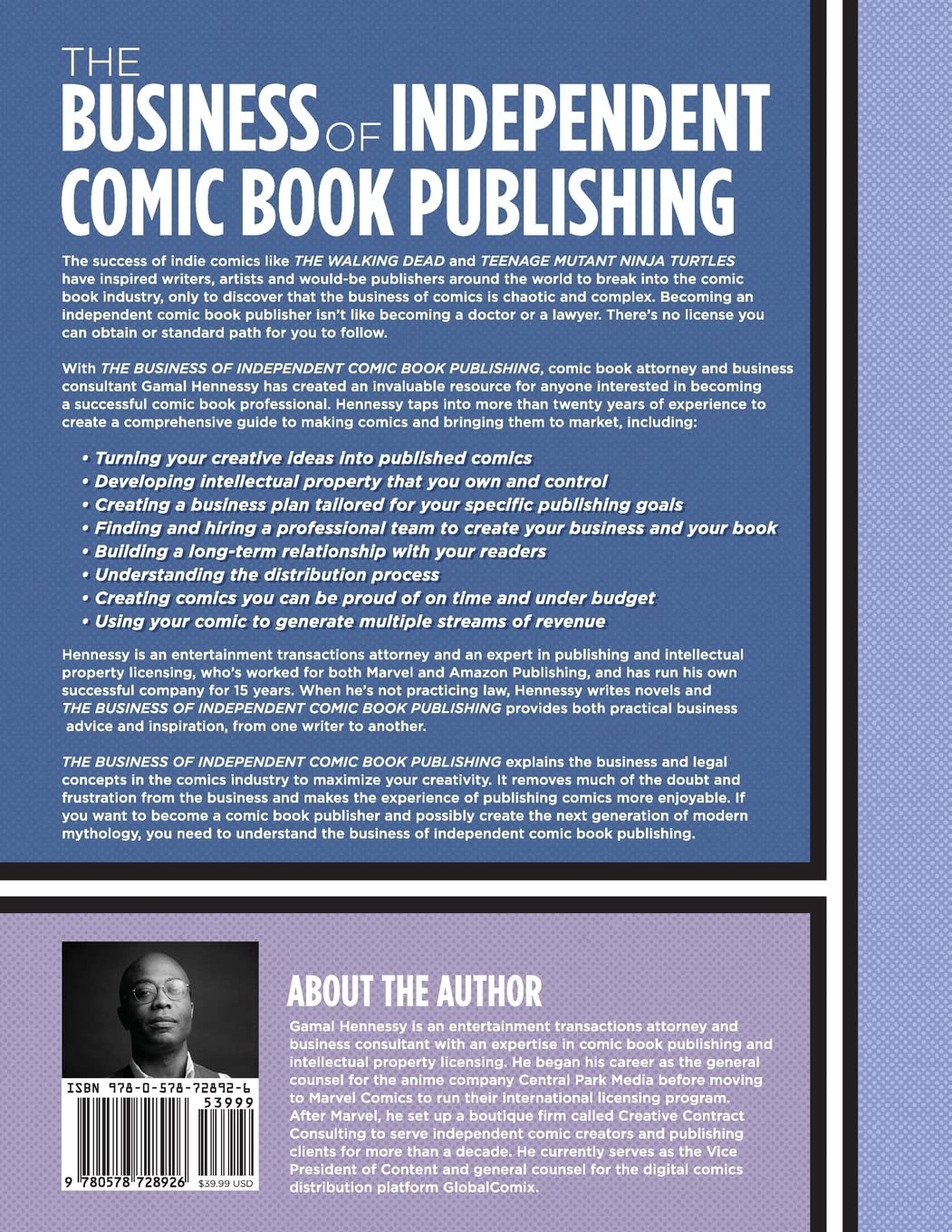 Cover of "The Business of Independent Comic Book Publishing" book by SureShot Books Publishing LLC, featuring a colorful comic-themed design.