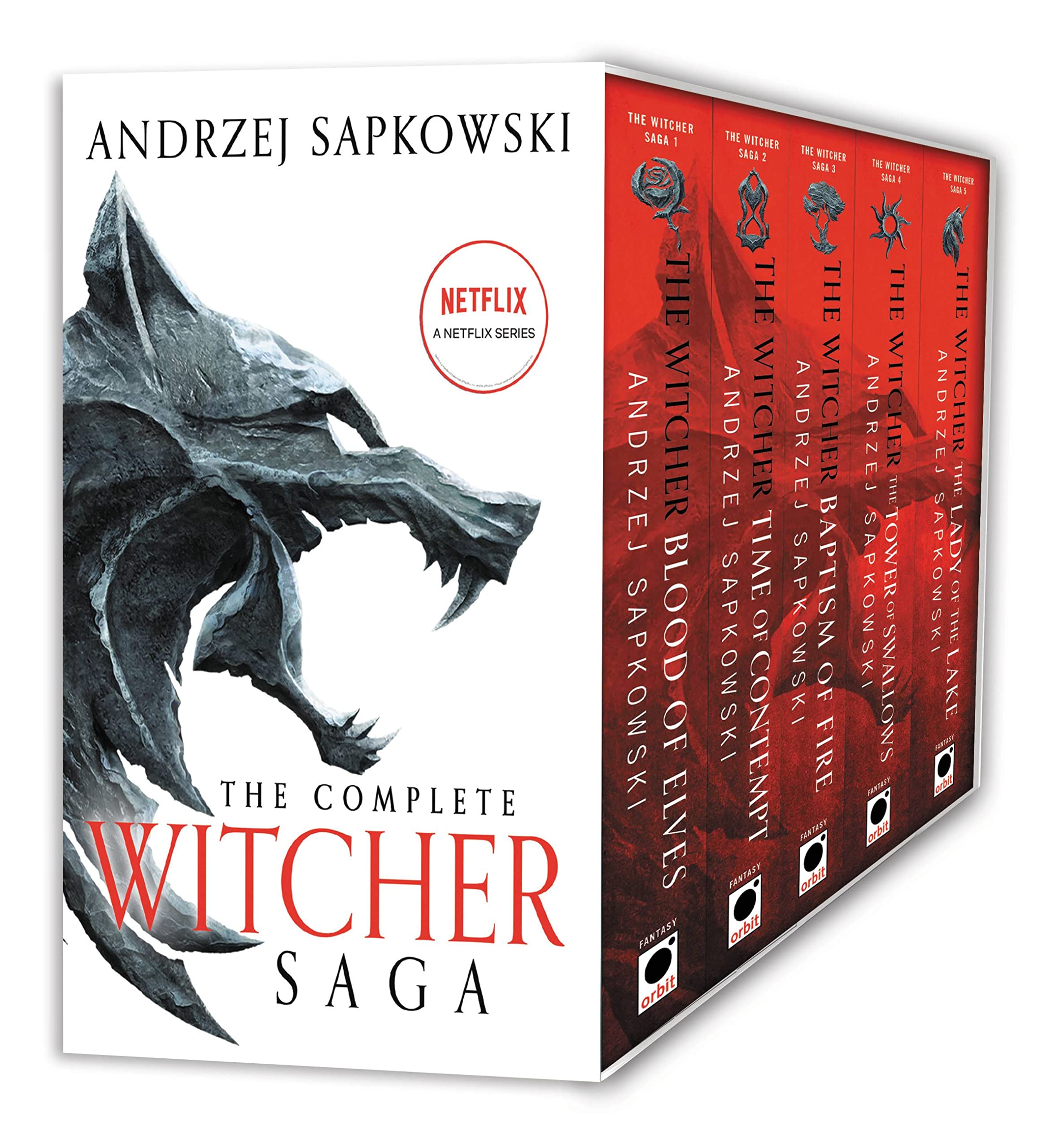 The Witcher Boxed Set Blood of Elves, the Time of Contempt, Baptism of Fire, the Tower of Swallows, the Lady of the Lake (Witcher) - SureShot Books