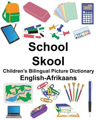 Bilingual children's picture dictionary in paperback with colorful images for English and Afrikaans language learning.