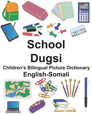 Paperback bilingual picture dictionary for children featuring English and Somali words, with colorful illustrations for language learning.