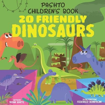 Paperback Pashto children's book titled "20 Friendly Dinosaurs" featuring colorful dinosaur illustrations on the cover.