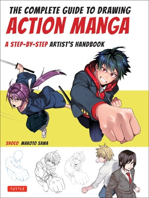 Paperback book titled "The Complete Guide to Drawing Action Manga" by Tuttle Publishing, showing illustrated manga characters.