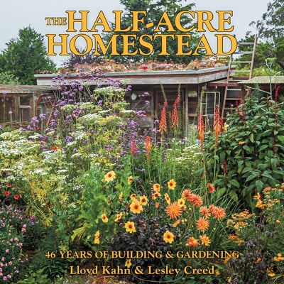 Paperback of The Half-Acre Homestead book by Shelter Publications, featuring a cover illustration of a rural homestead and garden.