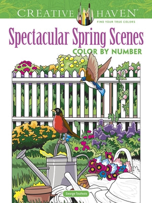 Color by number paperback book featuring vibrant spring scenes from Dover Publications Creative Haven series, with colorful illustrations.