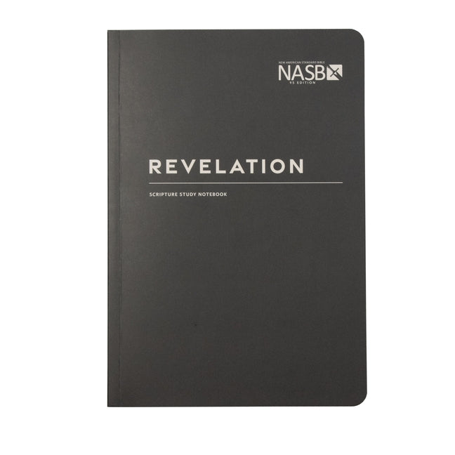 NASB Scripture Study Notebook for Revelation by Steadfast Bibles, open to pages with handwritten notes and Bible verses.