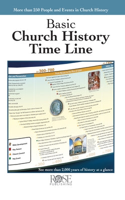 Paperback Basic Church History Timeline by Rose Publishing, featuring a detailed chronological chart of Christian church history.
