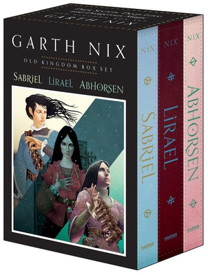 Three paperback books from HarperCollins' Old Kingdom box set featuring Sabriel, Lirael, and Abhorsen novels arranged together.