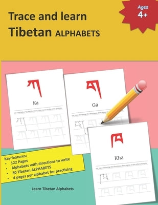 Paperback book titled "Trace and Learn Tibetan Alphabets" showing Tibetan alphabet practice pages for handwriting and pronunciation.