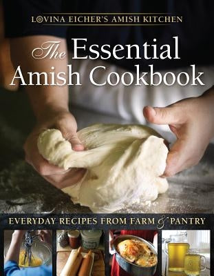 Open cookbook showing pages with traditional Amish recipes from "The Essential Amish Cookbook" by Herald Press.