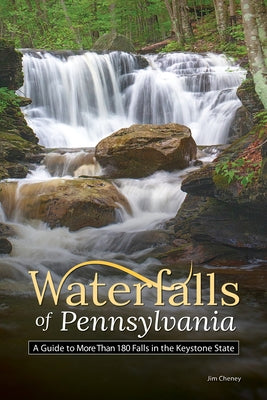 Guidebook cover for "Waterfalls of Pennsylvania" by Adventure Publications, featuring images of waterfalls in the Keystone State.
