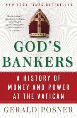 Cover image of "God's Bankers" book by Simon & Schuster, featuring a historical illustration of Vatican financial symbols.