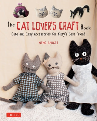 Open craft book showing colorful knitted and crochet accessories for cats and their owners, with yarn and knitting tools visible.