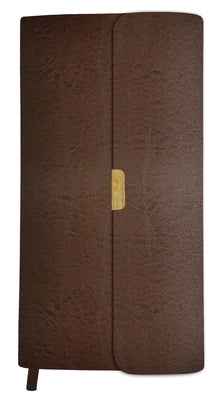 Brown bonded leather compact Bible with gold-edged pages from Barbour Publishing, featuring a durable, portable design.