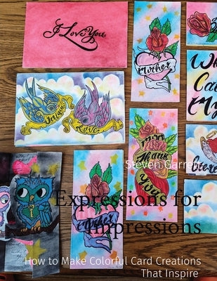 Open paperback book titled "Expressions for Impressions" showing colorful card creation ideas on pages.