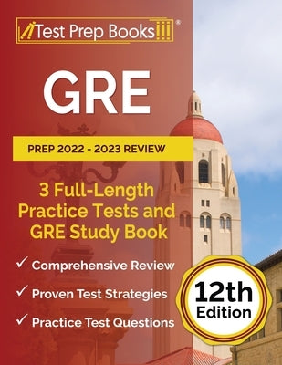Test Prep Books GRE Prep 2022-2023 paperback with practice tests and study guide, featuring full-length practice exams.
