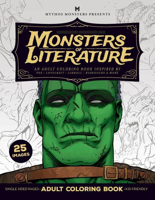 Open paperback coloring book featuring horror-inspired illustrations inspired by Poe, Lovecraft, Carroll, and Burroughs.