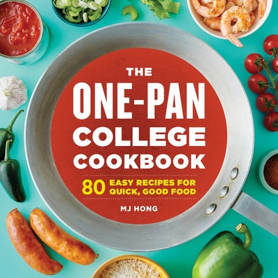 Paperback of The One-Pan College Cookbook by Rockridge Press showing colorful pages with easy recipes for quick, tasty meals