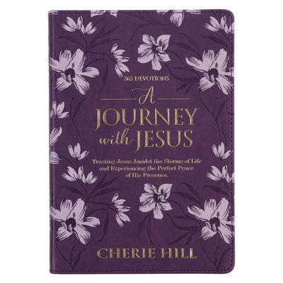 Purple floral faux leather cover of "A Journey with Jesus 365 Devotions for Women" Bible with Christian Art Gifts branding.