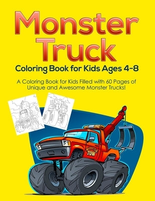 Coloring book cover featuring colorful monster trucks for kids ages 4-8, with illustrations from Alakai Publishing LLC.