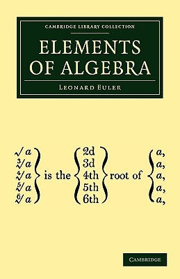 Paperback titled Elements of Algebra by Cambridge University Press, featuring mathematical formulas and algebraic concepts.