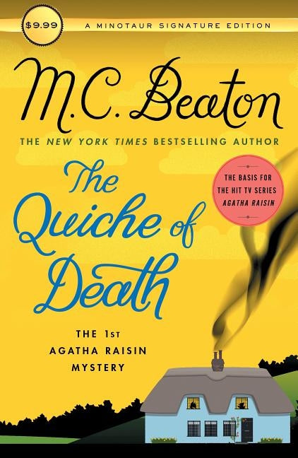 Paperback copy of "The Quiche of Death," first Agatha Raisin mystery by Minotaur Books, showing the book cover with title and author.