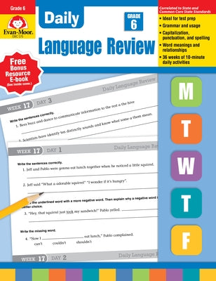 Paperback Daily Language Review Grade 6+ workbook by Evan-Moor Educational Publishers with colorful cover and sample pages visible.