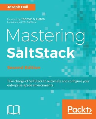 Paperback book titled "Mastering SaltStack" by Packt Publishing, featuring a cover with technical illustrations on Salt automation.
