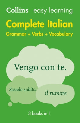Collins Complete Italian Grammar Verbs Vocabulary paperback set with three books, featuring Italian language learning content.