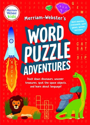 Merriam-Webster Kids paperback word puzzle book featuring dinosaur, treasure, space, and language puzzles for kids.