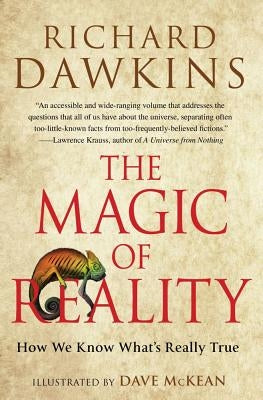 Paperback copy of "The Magic of Reality: How We Know What's Really True" by Free Press, showing the book cover with illustrations.
