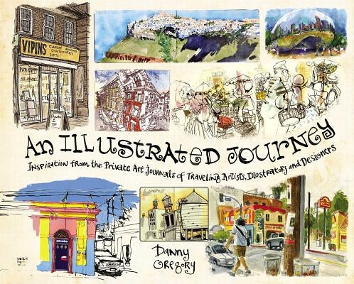 Open illustrated art journal with sketches, notes, and travel-inspired artwork from the book "An Illustrated Journey" by How Books.