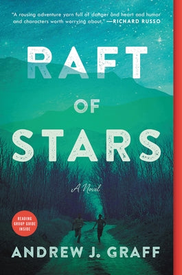 Paperback copy of Raft of Stars by Ecco Press showing the book cover with star illustrations and title on the front.