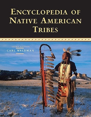 Paperback Encyclopedia of Native American Tribes by Checkmark Books, showing colorful tribal illustrations and detailed text pages.