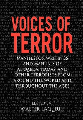 Open book titled "Voices of Terror" by Sourcebooks showing pages with terrorist manifestos, writings, and manuals.