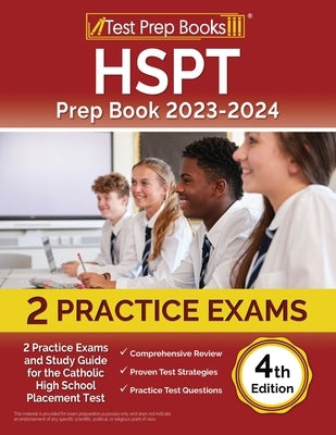 Paperback HSPT prep book by Test Prep Books featuring practice exams and study guide for Catholic high school placement test.
