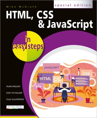 Paperback book titled "HTML, CSS & JavaScript in Easy Steps" by In Easy Steps, featuring a colorful cover design.