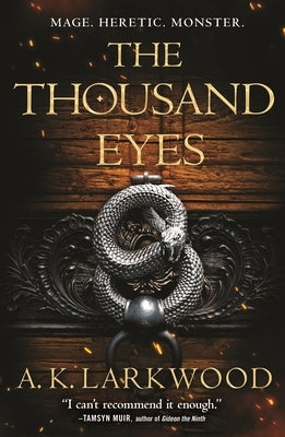 Paperback copy of The Thousand Eyes by Tor Books, featuring a dark, mysterious cover with intricate eye illustrations.