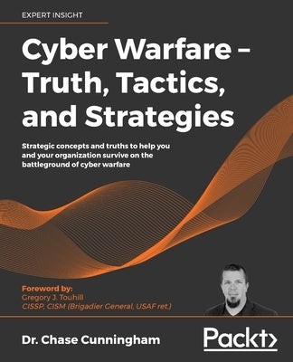 Paperback book titled "Cyber Warfare - Truth, Tactics, and Strategies" by Packt Publishing, featuring a dark, tech-themed cover design.