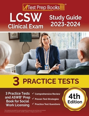 Paperback LCSW Clinical Exam Study Guide by Test Prep Books with 3 practice tests and ASWB prep for social work licensing.