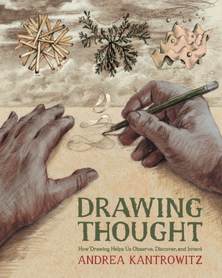 Paperback book titled "Drawing Thought" by MIT Press showing an open page with sketches and handwritten notes on observation and invention.